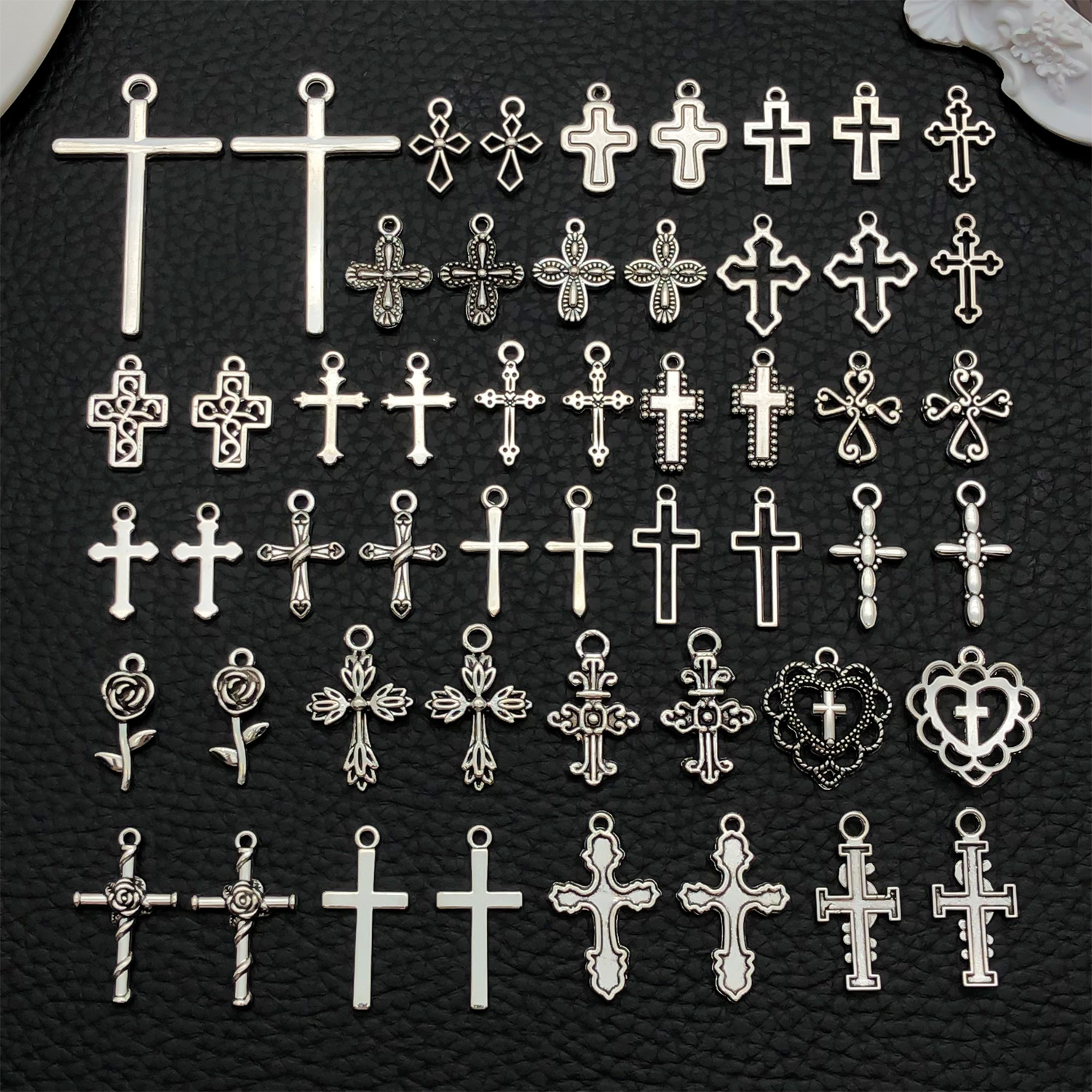 Ethnic Fashion Accessories - 52pcs Assorted Cross Pendants (Antique Silver/Black)