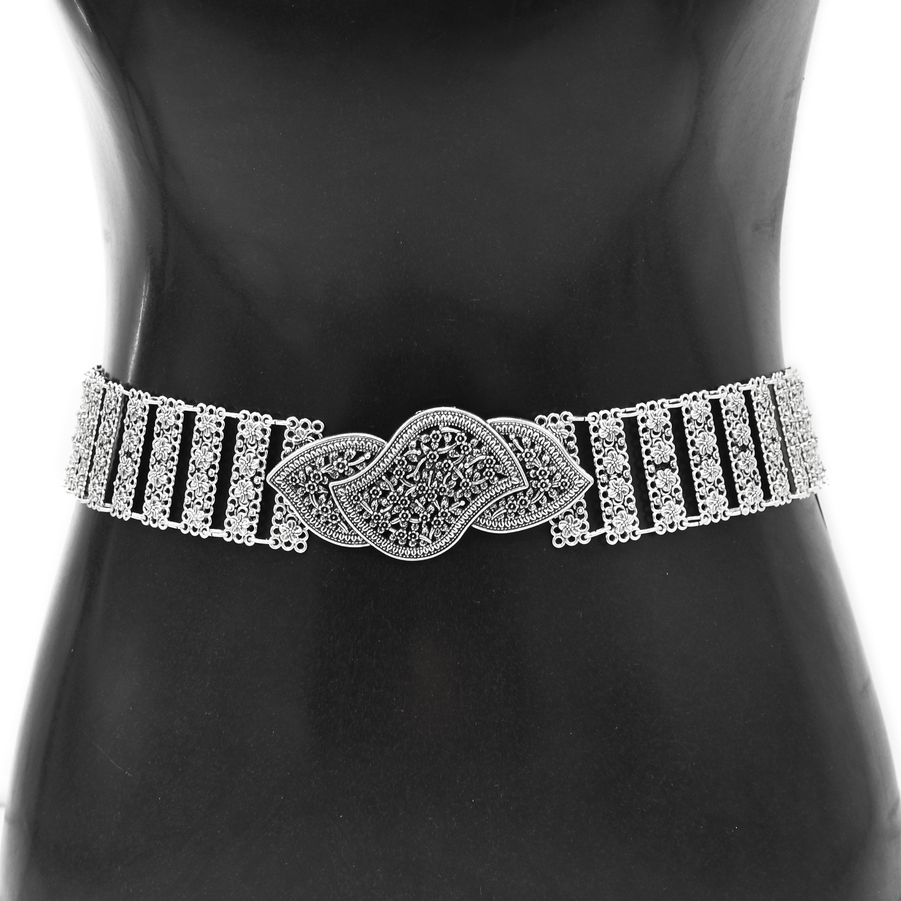 Ethnic Fashion Accessories - Vintage Silvery Hollow Flower Metal Waist