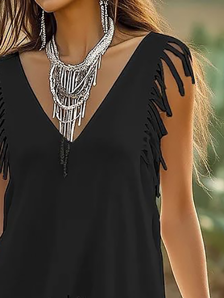 Black Fringed Casual Sleeveles - Ethnic Chic Fashion recension och pris