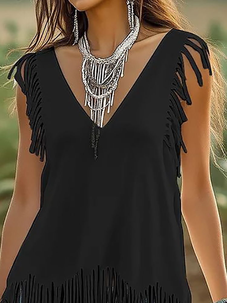 Black Fringed Casual Sleeveles - Ethnic Chic Fashion recension och pris